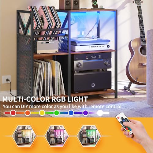 DWVO 3-Tier Vinyl Record Stand with Power Outlets & RGB LED Lights – Holds 300+ Albums, Sturdy Metal Frame Turntable Table for Living Room, Walnut Finish Media Storage Cabinet