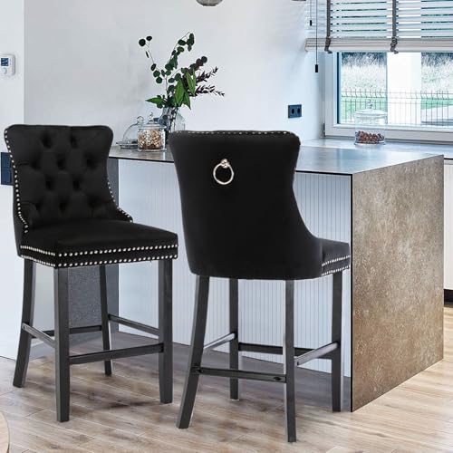 Butacos Tapizados en Terciopelo con Espalda y Patas de Madera, Anillo Metálico para Tirar, Sin Reposabrazos, Altura para Isla de Cocina, Pub (Negro), Juego de 2 miniatura 5