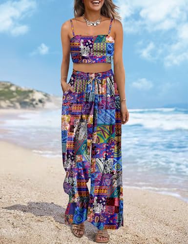 YESNO Women Summer Boho Palazzo Pants High Waist Wide Leg Floral Casual Cotton Lounge Trousers with Pockets PP02