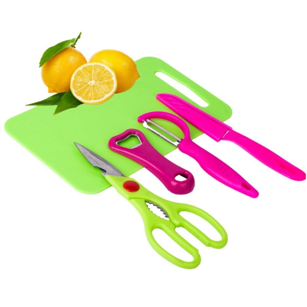 EZ Life 5 Pcs Kitchen Tool Set - Multicolor - Scissors, Knife, Peeler, Opener & Board,Cutting Board with Stainless Steel Knife Set Scissor Vegetable Meat Cutter Professional Kitchen Accessories Tools