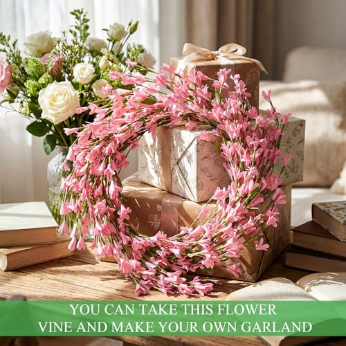Canlierr 1 Pack 71 Inch Artificial Forsythia Branches Faux Flower Vine Garland Forsythia Flower Hanging Wreath Floral DIY Decoration for Front Door Home Indoor Spring Wedding Easter Decor (Pink) - Thumbnail 7