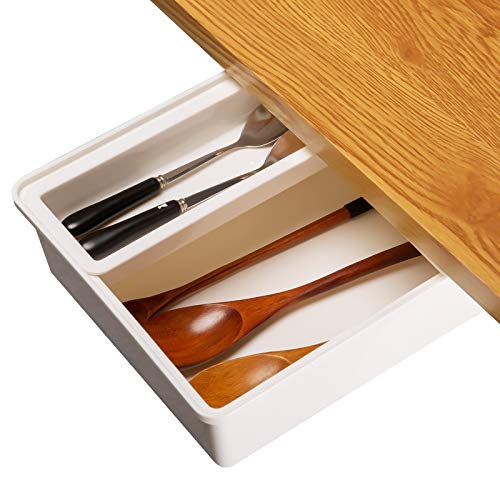 Desk Drawer Organizer with Divider, Large Capacity Pop-Up Student Storage Hidden Desktop Drawer Tray, Great for Office School Home Kitchen Desk (White,1-Pack)