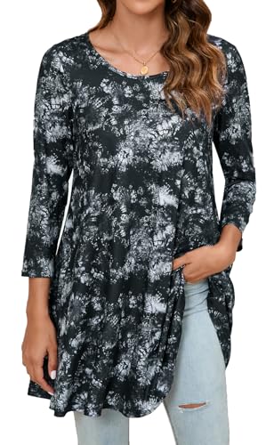 Enmain Tunika Damen Langarm Große Größen 3/4 Arm Longshirt Longbluse Bluse Shirt Oberteil Tops Elegant Lässig für Leggings Schwarz & Grau 4XL