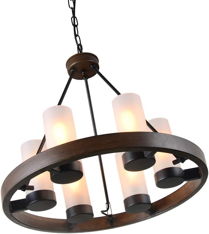 Modern Farmhouse Chandelier, Wagon Wheel Chandelier for Dining Room 6-Light with Frosted Glass Rustic Hanging Light Fixture