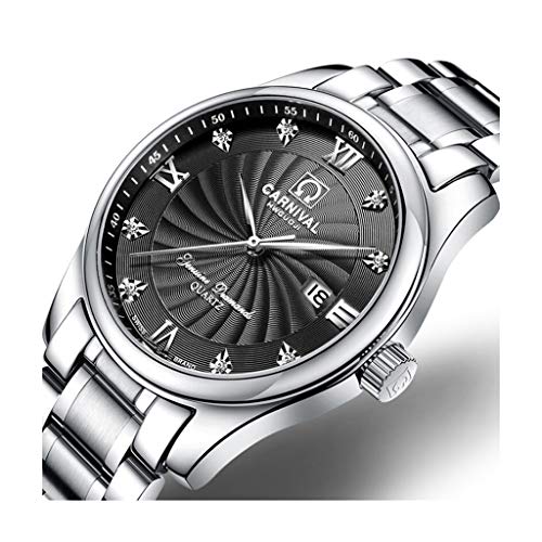 CARNIVAL Relojes para Hombre, Reloj de Cuarzo Multifuncional Impermeable Relojes de Pulsera Elegante Sencillo 8828G (Color : Silver Black)