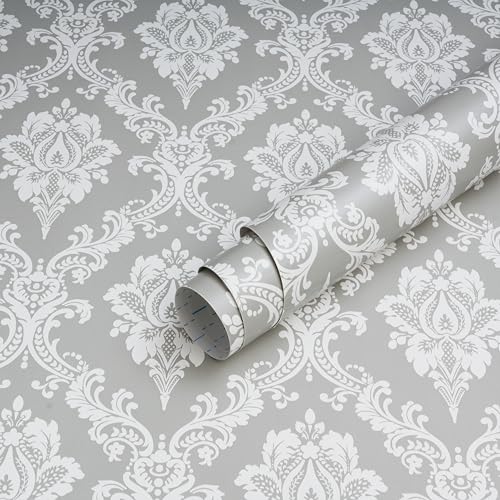 Micpolo Peel and Stick Wallpaper Grey and White Damask Wallpaper