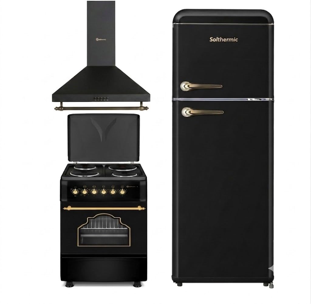 SOLTHERMIC PACK 3 EN 1 NEGRO RUSTICO ACABADOS DORADOS F5S04E3RB TODA ELECTRICA 50 CM + CAMPANA DECORATIVA DE 60 CM H60PR + frigorifico RETRO 2P