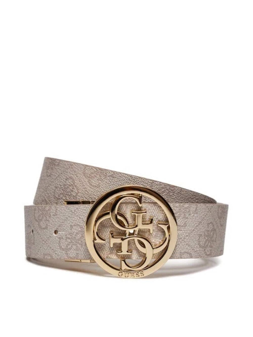 GUESS Ceinture pour femme avec logo, boucle dorée circulaire, design monogramme beige
