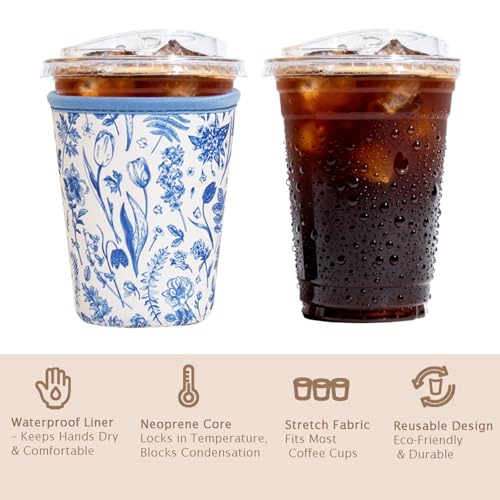 Image of Reusable Insulated Sleeve for Iced Coffee Cup, 3-Pack Coffee Neoprene Drink Sleeve for Cold & Hot Drinks, Beverage Holder for Iced Coffee (Blue Fern Florals)