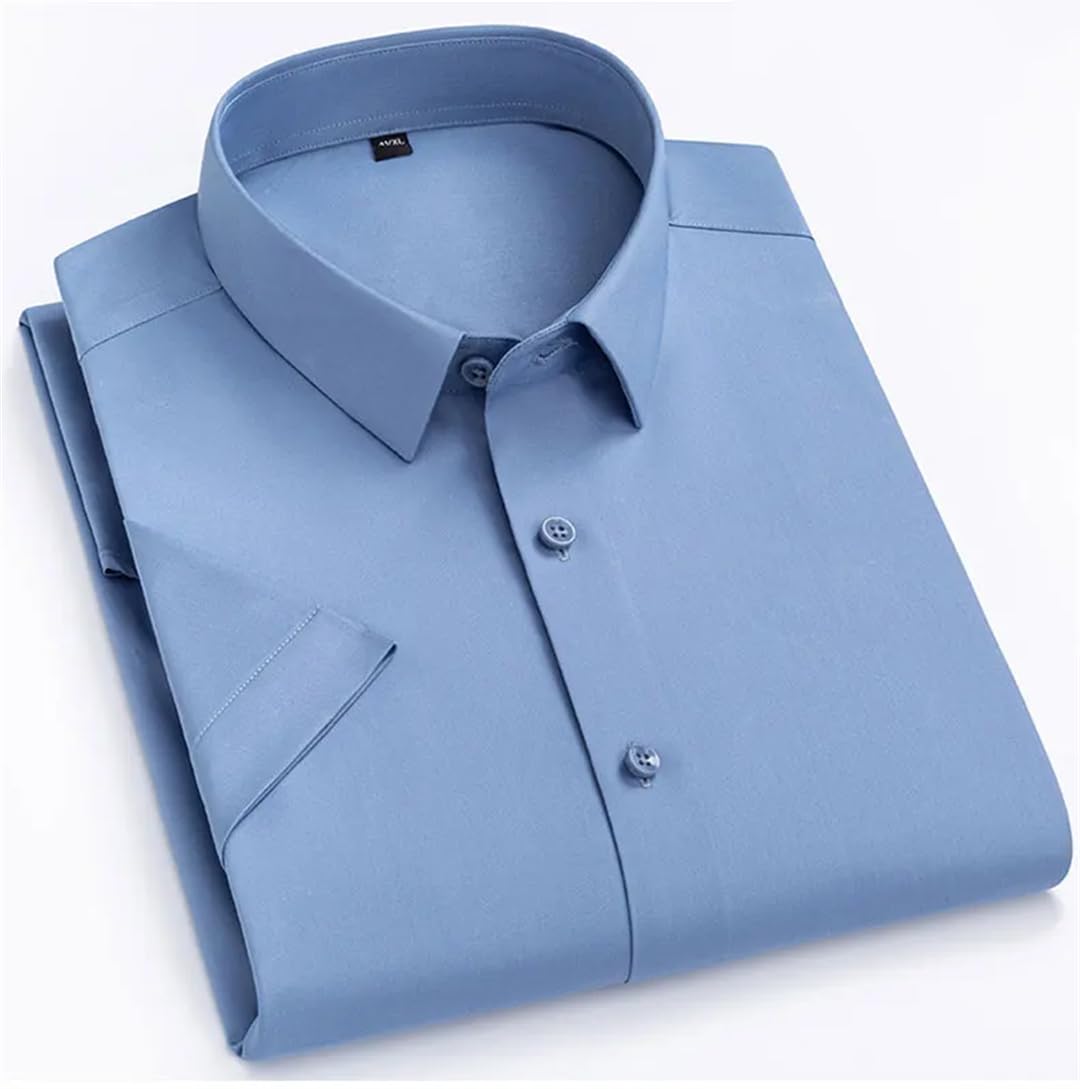 Camicia da uomo senza tasche sottile tinta unita casual da lavoro formale camicia a maniche corte non stirata