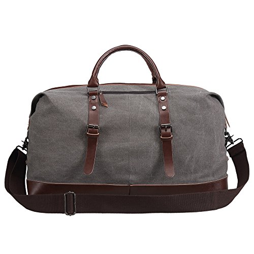 Ulgoo Duffel bag Oversized Canvas Travel Bag PU Leather Weekend Bag Overnight (Grey)
