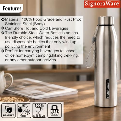 Image of Signoraware Messi Stainless Steel Water Bottle With Hanging Strip,(1 Ltr, Steel), Airtight & Leakproof, Lightweight & Easy to Carry, Stylish Bottle for Office, School, Gym, Travel & Outdoor Use