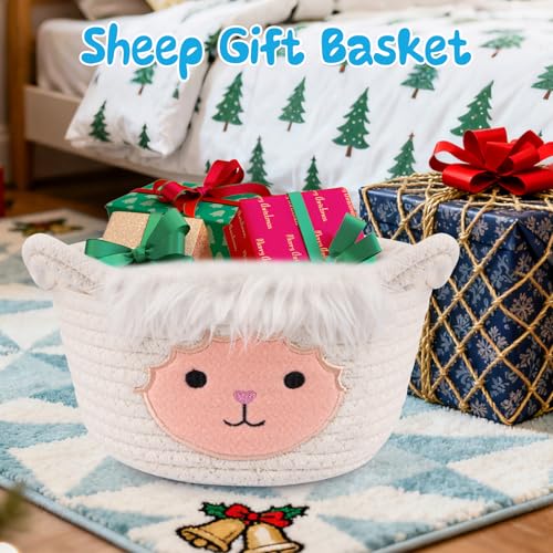 Image of Small Storage Basket for Nursery, Sheep Woven Animal Gift Basket | Round Woven Rope Cotton Storage, Baby Blanket 0rganizer with Ears Handles, Blanket Towel Decor Storage Bins, 8.2 inchD x 4.7 inchH IN