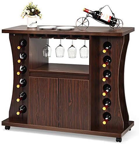 COSTWAY Mobile Buffet Sideboard, Serving Trolley Cart with Wine Rack, Glass Holder, Cabinet, Open Shelf and 5 Wheels, Pantry Wine Cabinet for Kitchen Bar Dining Room