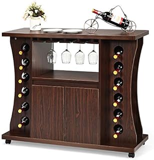 COSTWAY Mobile Buffet Sideboard, Serving Trolley Cart with Wine Rack, Glass Holder, Cabinet, Open Shelf and 5 Wheels, Pantry Wine Cabinet for Kitchen Bar Dining Room