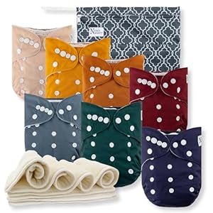 Nora’s Nursery Cloth Diapers 7 Pack with 7 Inserts & 1 Wet Bag – Waterproof Cover, Washable, Reusable & One Size Adjustable Pocket Diapers for Newborns and Toddlers-Pacific Neutrals