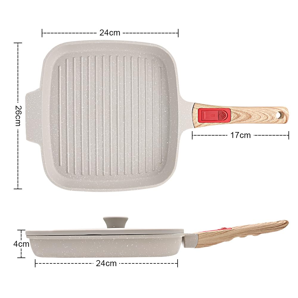 RANX INGST Grill Asador con Rayas con Tapa, 26 x 24 cm Sartén Parrilla de Aluminio Fundido con Mango Extraíble, Revestimiento Antiadherente (Blanco)