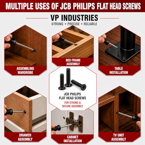 Image of By inchVP INDUSTRIES inch (Pcs-25) M5x20 mm JCB Philips Flat Head Furniture Bolt Black Zinc Finish | Furniture Connector Bolt for Crib, Bunk Bed, Cot & Furniture Assembly