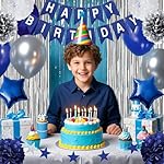 Navy Blue Happy Birthday Party Decorations,for Men Boys ,Blue Silver Party Decorations Curtains Happy Birthday Banner Graduation Party Decors ，Silver Fringe Curtain, Tissue Paper Pompoms. - Image 4