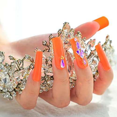 Kikmoya 24Pcs Extra Long Square Press On Nails Orange With Rhinestones Glossy Fake Nails Acrylic Nail Tips False Nails For Women And Girls（F29） #TOP3
