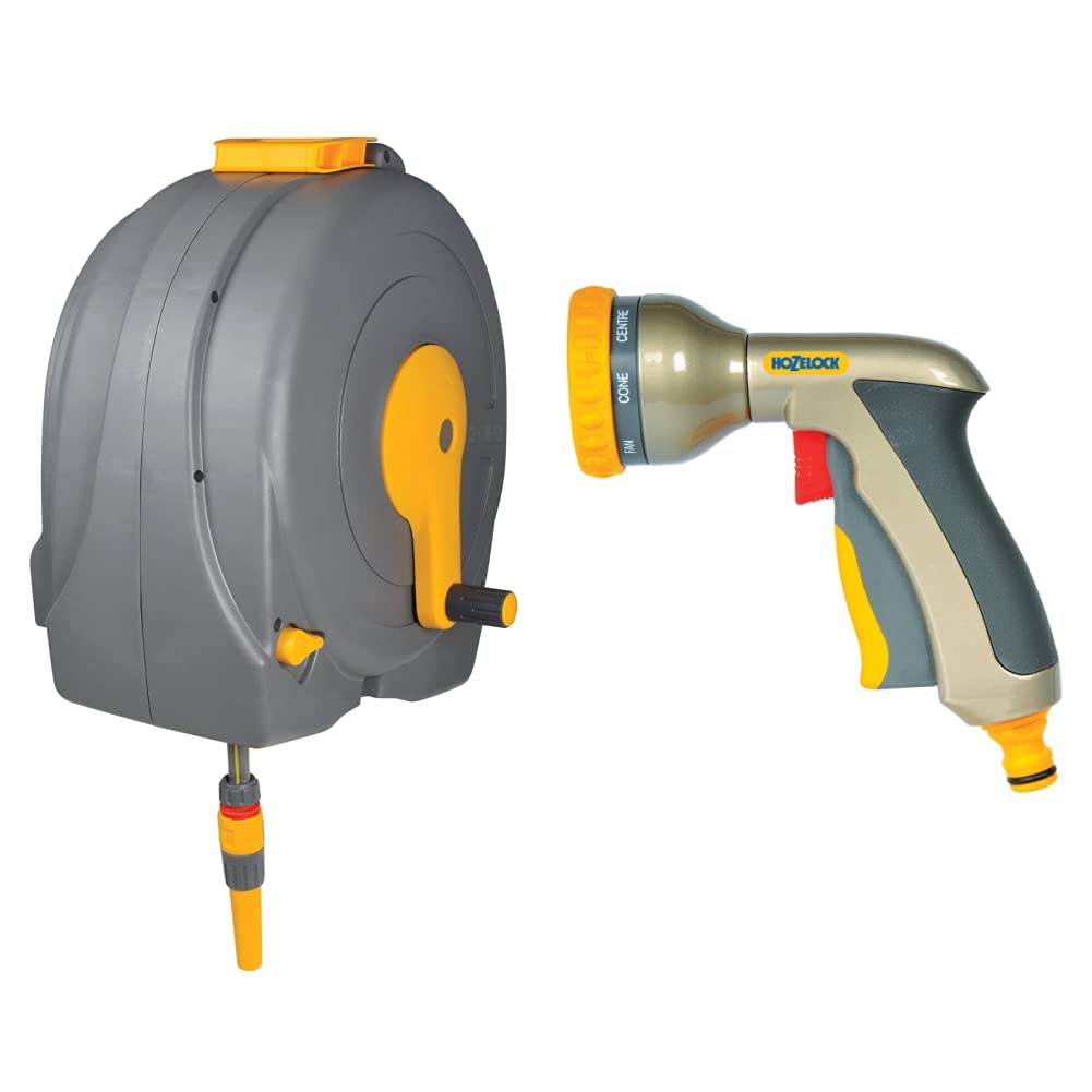 Hozelock2496R0000 Wall Mounted Fast Reel with 40m Hose & HOZELOCK Multi Plus Spray Gun, Multicolour