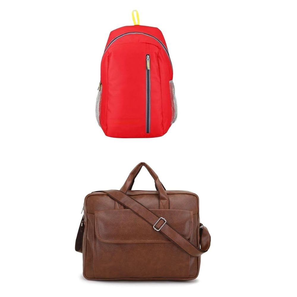 treggo Premium 2-in-1 Travel Bag Set, Red Backpack with Mesh Pockets and Brown Leather Messenger Bag, Laptop Shoulder Bag for Business and Casual Use-picture-11
