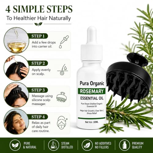 Image of Pura Organic Rosemary Essential Oil 30ml with Silicone Scalp Massager | Pure Steam Distilled Rosemary Oil | Hair & Scalp Care for Men & Women | Aromatherapy | DIY Hair Care | Natural Essential Oil | Combo Pack