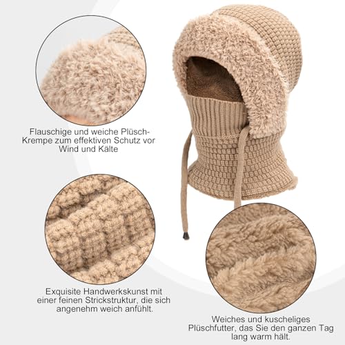 Youkly 3-in-1 Mütze für Damen, Winter Warme Strickmütze mit Schal & Gesichtsmaske, Damen Strick-Balaklava Winddichte Wintermütze für Outdoor Skifahren, Wandern, Wintergeschenk, khaki, Einheitsgröße