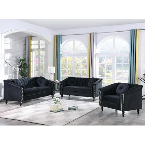 Contemporary 3 Piece Lint Living Room Sofa Set with 3Seat Settee+2 Loveseat and 1 Seat Couch,Black