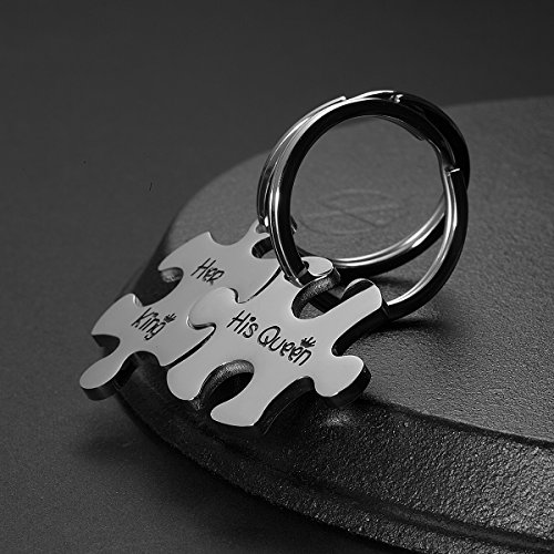 Omodofo Valentine's Day His And Hers Puzzle Piece Pendant Necklace/Keychain Set Personalized Couples Stainless Steel Hand Stamped Gift Jewelry Chain/Keyring (His Queen & Her King (Keychain)) #TOP2