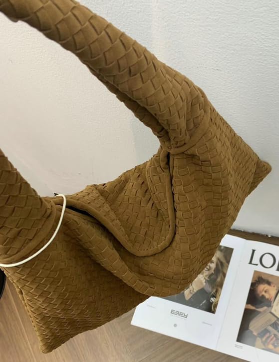 Image of Suede Woven Hobo Bags for Women Slouchy Suede Tote Top-handle Bag Vintage Satchels Woven Purse