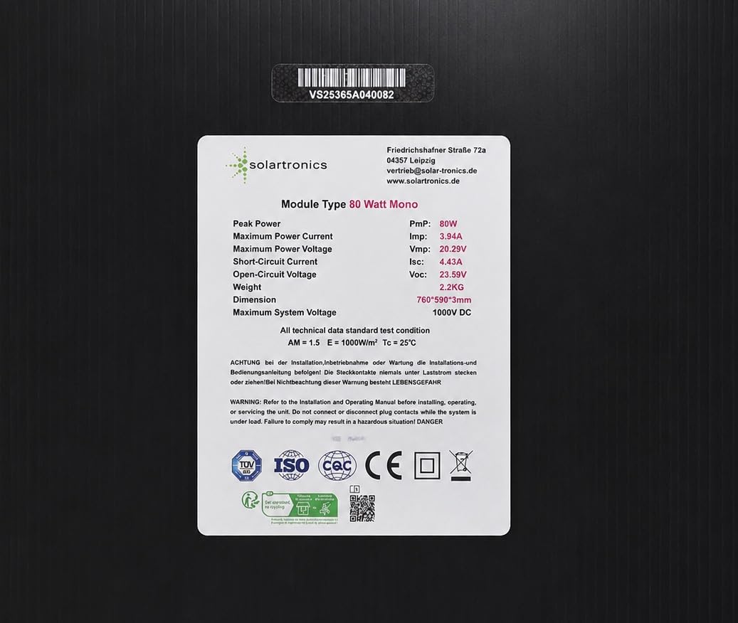 SOLARTRONICS Pannello solare flessibile da 80 W, monocristallino, tecnologia a 18 bus, 760 × 550 × 3 mm, 1,2 kg, 4,43 A