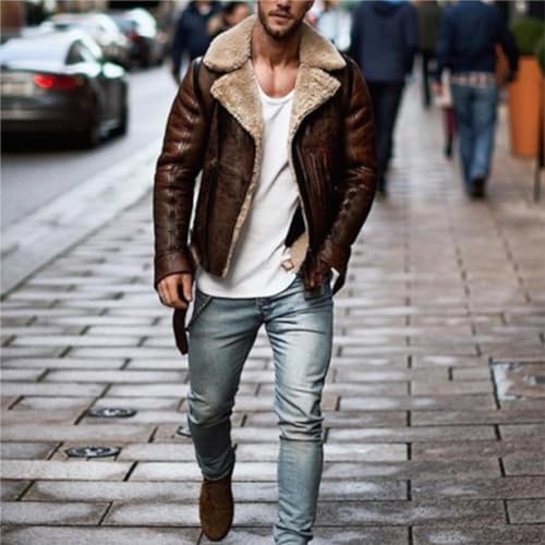 Men's Lamb Wool Bomber Jackets Faux Leather Sherpa Fleece Lined Coats Heavyweight Suede Faux Fur Trench-Coat2