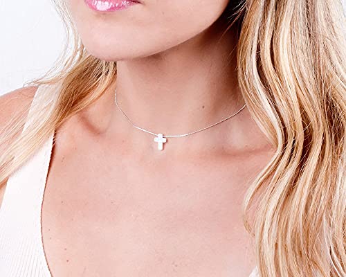 White Opal Cross On Thin Sterling Silver Choker Necklace - Designer Handmade Collar - Length: 13.5 Inch + 3 Inch Extender #TOP1