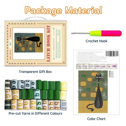 Image of GLAECYY Latch Hook Kits Rug Crochet Yarn Kit Cushion Colour Pre-Printed Canvas Rug Needlework DIY Hook and Latch Kit (Black Cat)