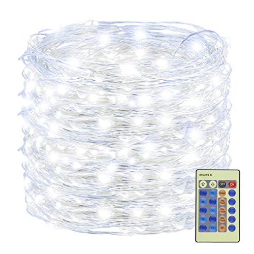 Decute 300 LED Fairy String Lights Cool White Christmas Lights Remote Control, 99ft Silver Wire Firefly Lights Starry Light for DIY Christmas Tree Costume Wedding Party Table Centerpiece Decor