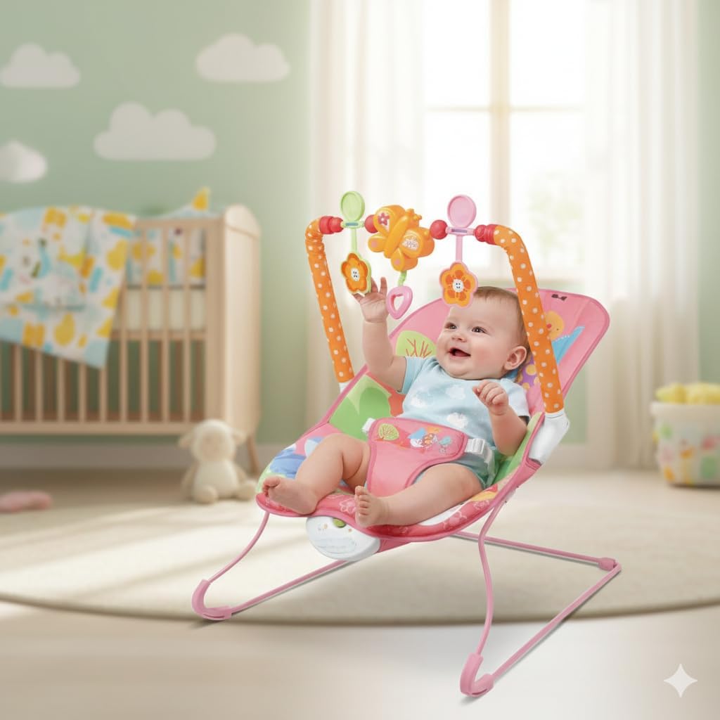 Safe-O-Kid® Harmony Baby Rocker Cum Bouncer with 1 Year Warranty, Multi-Position Reclining, with Music, Vibrations, Safety Harness - Pink