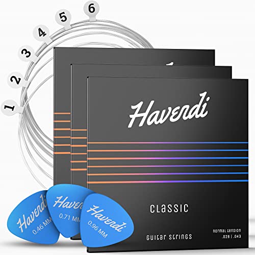 HAVENDI® Gitarrensaiten | Klassische Gitarre für brillante Klangqualität | Langlebige Nylon Saiten für Akustikgitarre mit Silber Ummantelung inkl. 3 Plektren