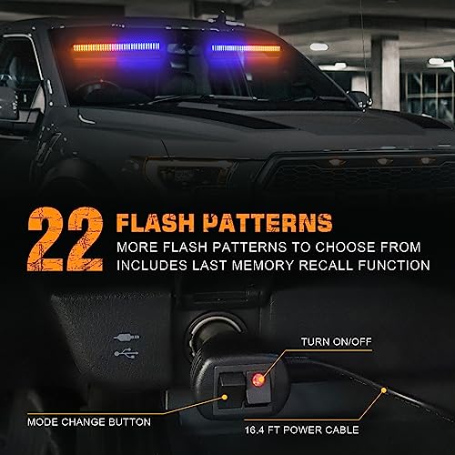 XRIDONSEN Emergency Dash Strobe Lights 144 LED Amber Blue Warning Hazard Safety 2X 14.5 inch Front/Rear Interior Windshield Lights w/Suction Cups Deck Split Mount for Vehicles Trucks - Image 5