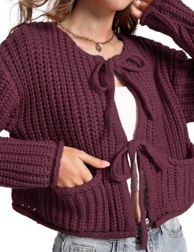 Yimoon Womens Tie Front Chunky Cardigan Sweater Cropped Long Sleeve Open Front Cardigan Knit Trendy Sweater Tops