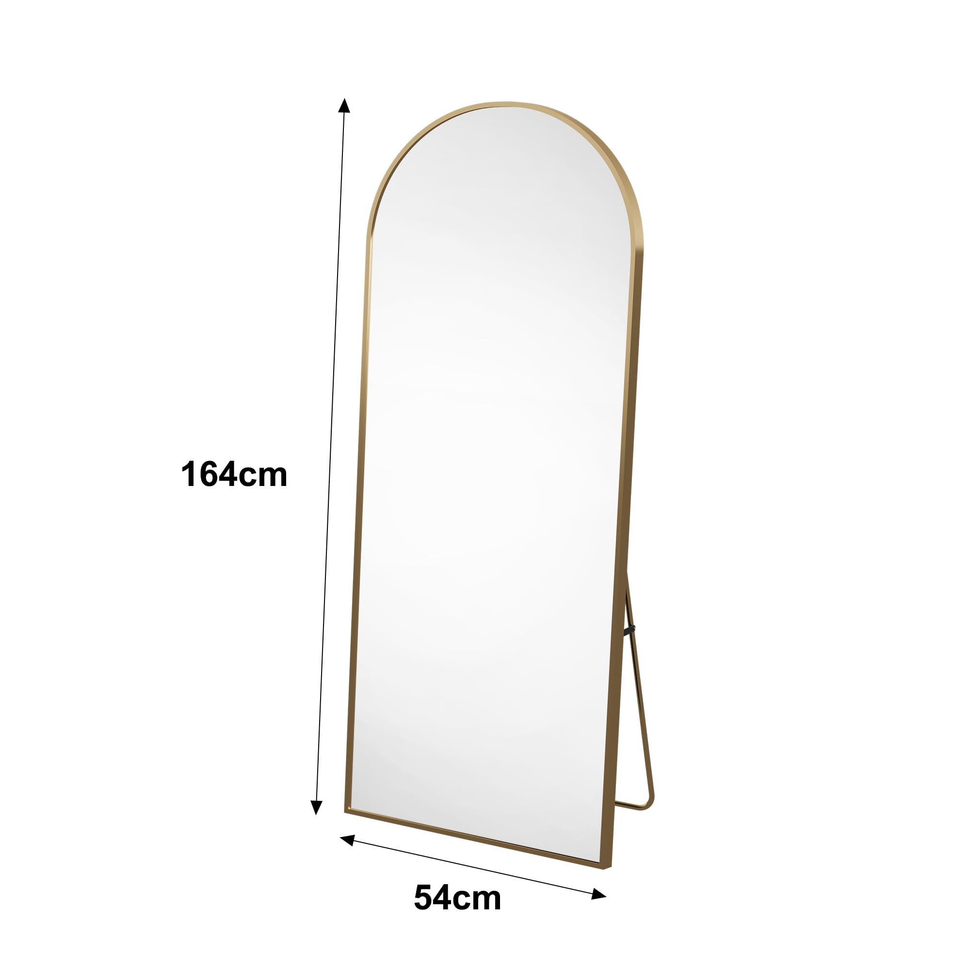 Złote zakrzywione lustro podłogowe o pełnej długości z regulowaną aluminiową ramą, szkło hartowane, eleganckie lustro stojące do sypialni, łazienki, salonu, dekoracja