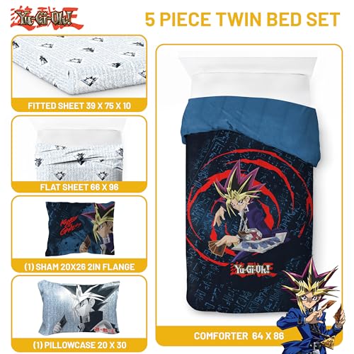 Image of Jay Franco Yu-Gi-Oh Twin Comforter Set 5 Piece Soft Anime Bedding, Blue | Bed in a Bag, Comforter Sheets Sham Pillowcase, Official Product, Soft Microfiber, Machine Washable, Easy Care, Kids Gift