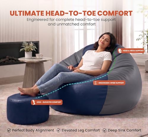 Image of Sattva Classic 3XL Bean Bag Chair with Beans Filled | Sofa Style Faux Leather Beanbags with Footstool & Cushion | Pre-Filled Bin Bags Sofa & Beam Bag for Adults | Home & Office, Navy Blue & Grey