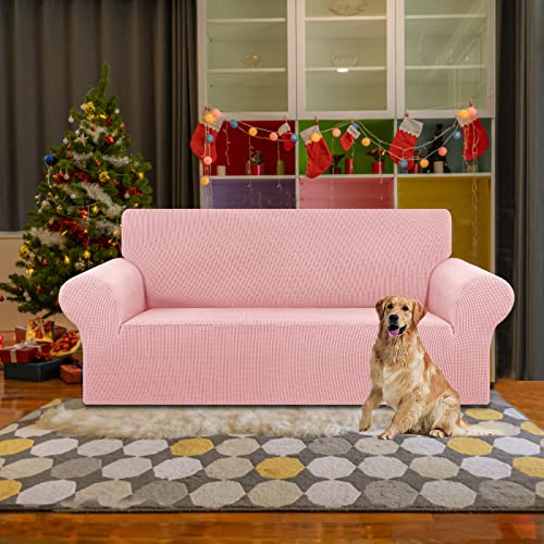 KEKUOU Stretch Loveseat Sofa Cover Slipcover,Couch Covers for 2 Cushion Couch Sofa (55"-78") Furniture Protector Sofa with Elastic Bottom for Kids,Dog. Jacquard Small Checked (Medium,Dusty Pink)