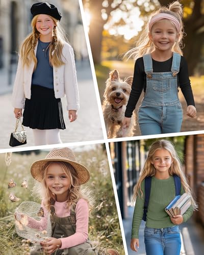 Image of 4 Pack Girls Long Sleeve Shirts Ribbed Knit Cotton Crewneck Tops Slim Fit Soft Casual Kids Base Layer Undershirts