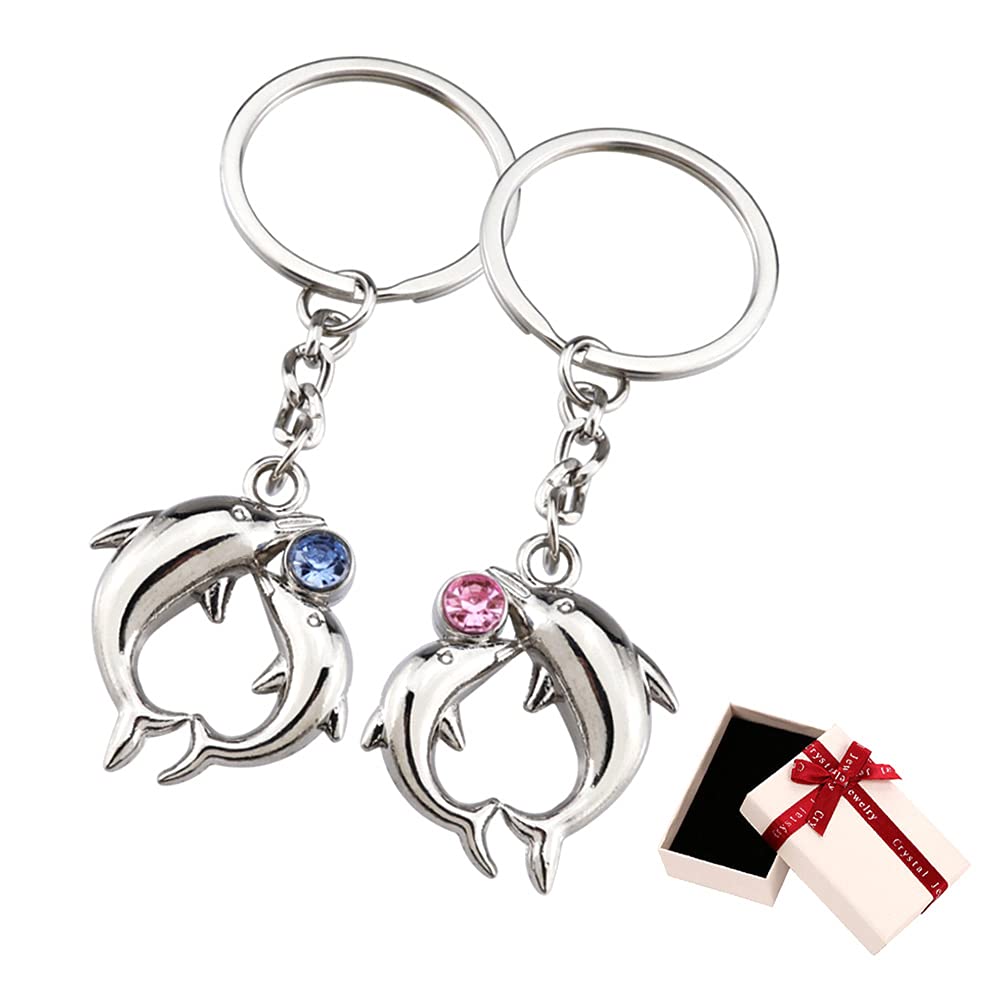 Xihuimay2pcs Couples Keychains His and Hers Keyring Dolphin KeyChain Matching Keychain Set Dolphin with Crystal Key Jewelry Accessories Oceanarium Gifts for Lover Boyfriend Girlfriend, Blue Pink