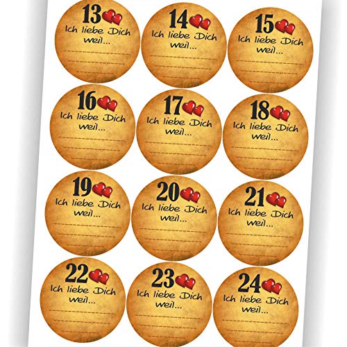 24 Aufkleber Ich liebe dich, weil... Adventskalender Zahlen Aufkleber Sticker Etikett Fest Weihnachten