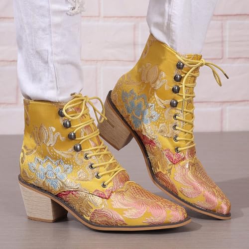 Womens Vintage Floral Embroidered Block Heel Cowboy Ankle Boots Pointed Toe Lace Up Chunky Heel Short Booties2