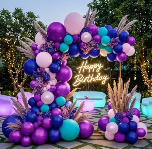Image of Purple and Blue Balloons Teal Pink Balloon Garland Arch Kit for Birthday Baby Shower Mermaid Stitches Under The Sea Encanto Villain Ocean Luau Birthday Baby Shower Party Decorations