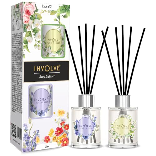 Image of Involve Pura - Reed Diffuser Set (Pack of 2) - English Lavender & Irish Jasmine - 120 ml | Oil Diffuser with Free 10 Reed Sticks | Room Freshener for Home, Bedroom, Living Room & Office | Gifts Set